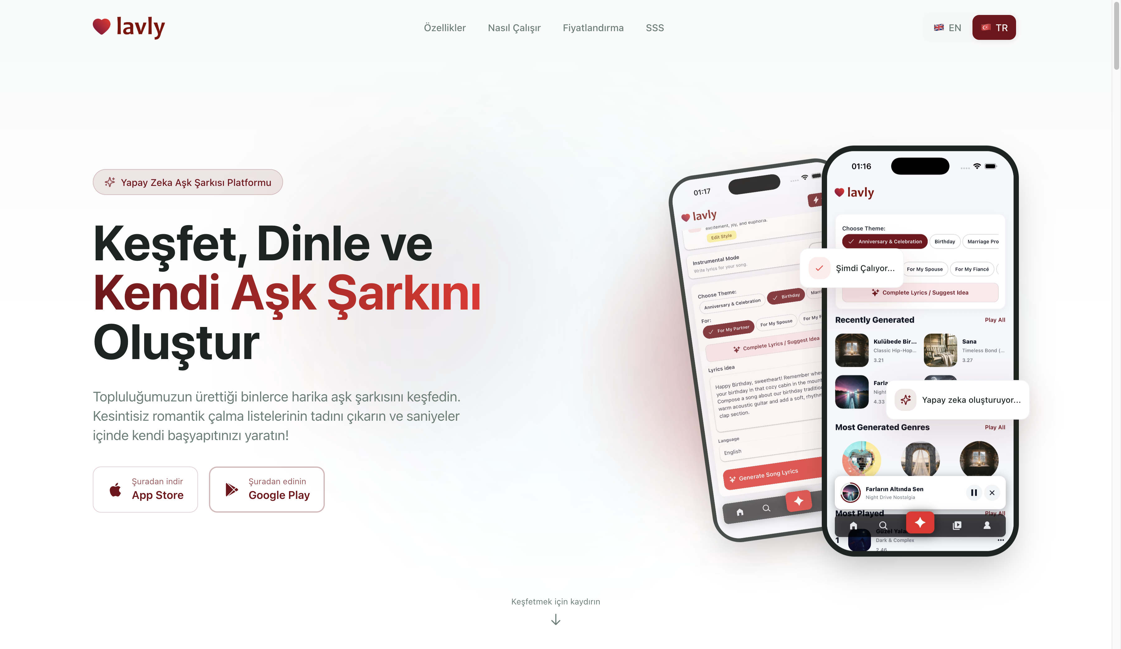 Screenshot of Lavly: Yapay Zeka Aşk Şarkısı website