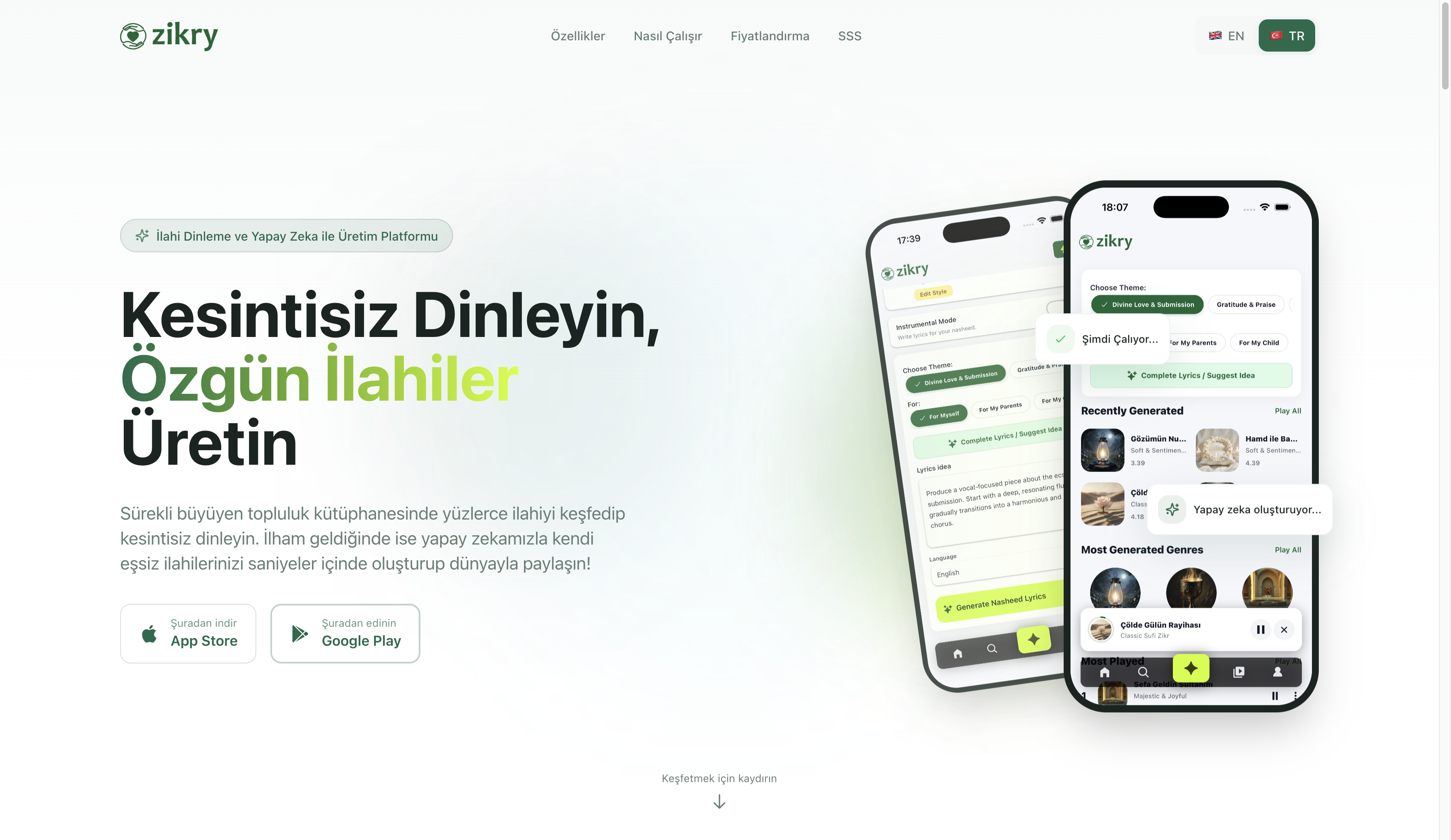 Screenshot of Zikry: Yapay Zeka İlahiler website