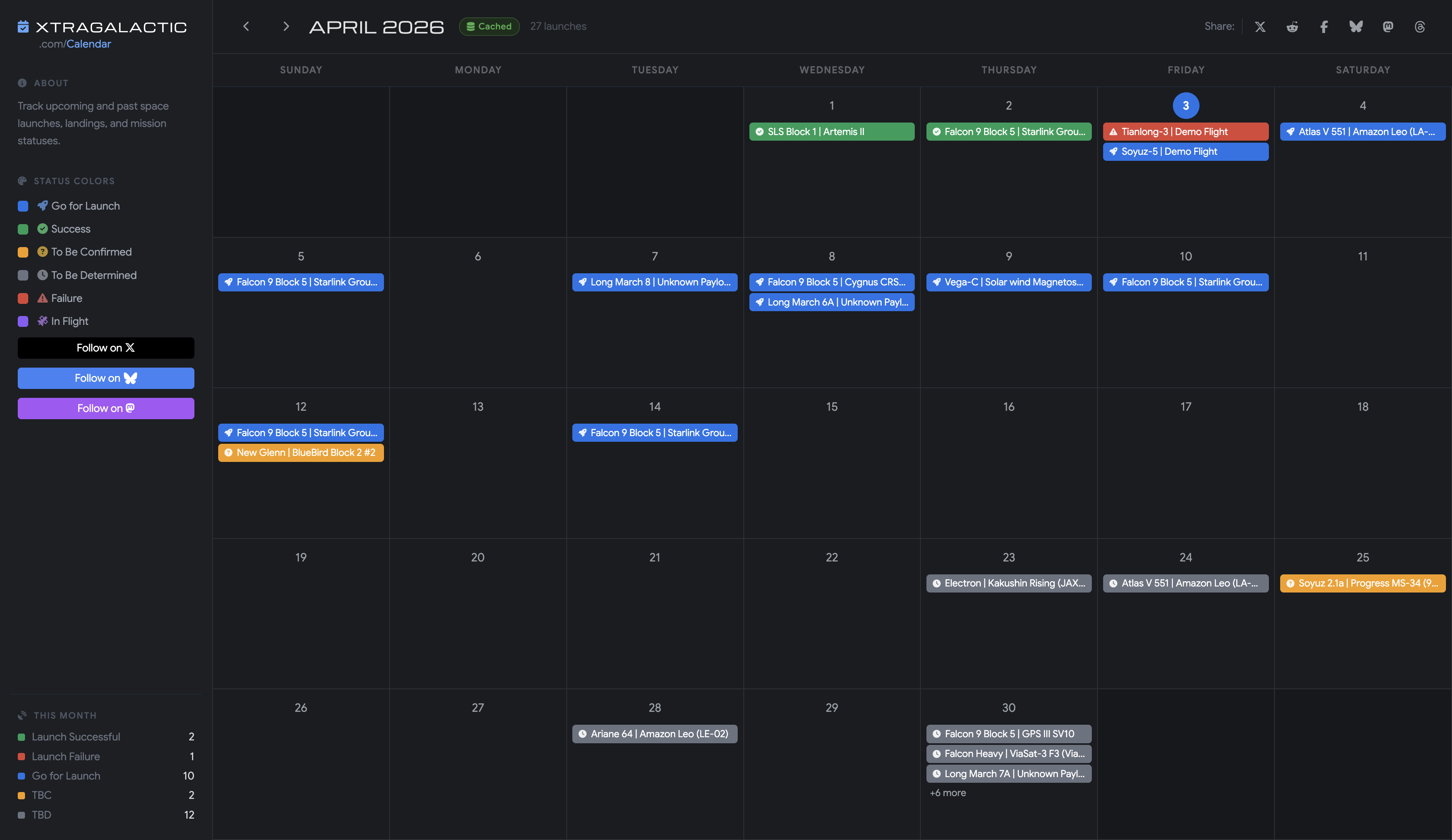 Screenshot of Xtragalatic Calendar website