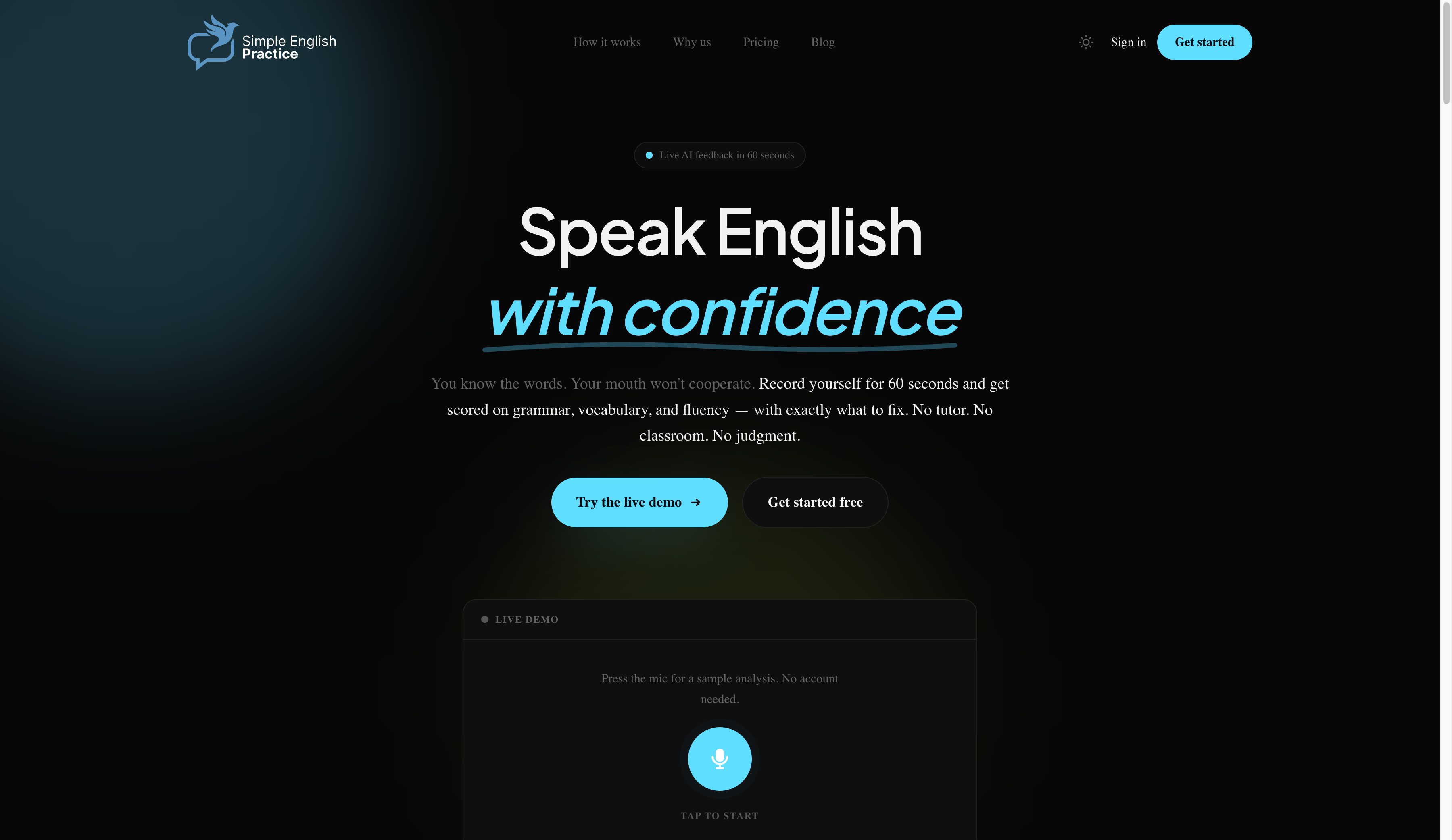 Screenshot of Simple English Practice website